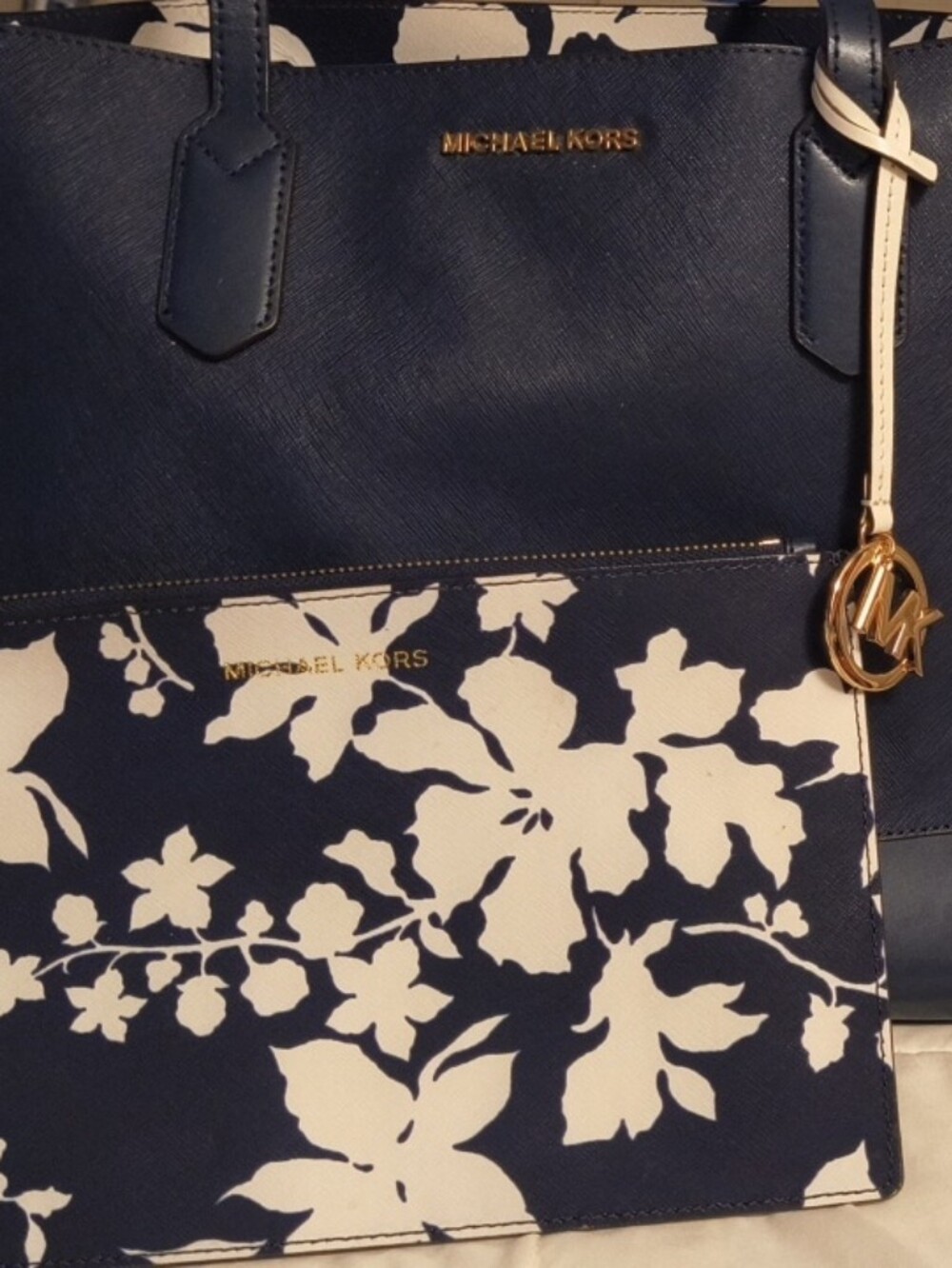Michael Kors Navy and White Floral Tote with Gold Accents